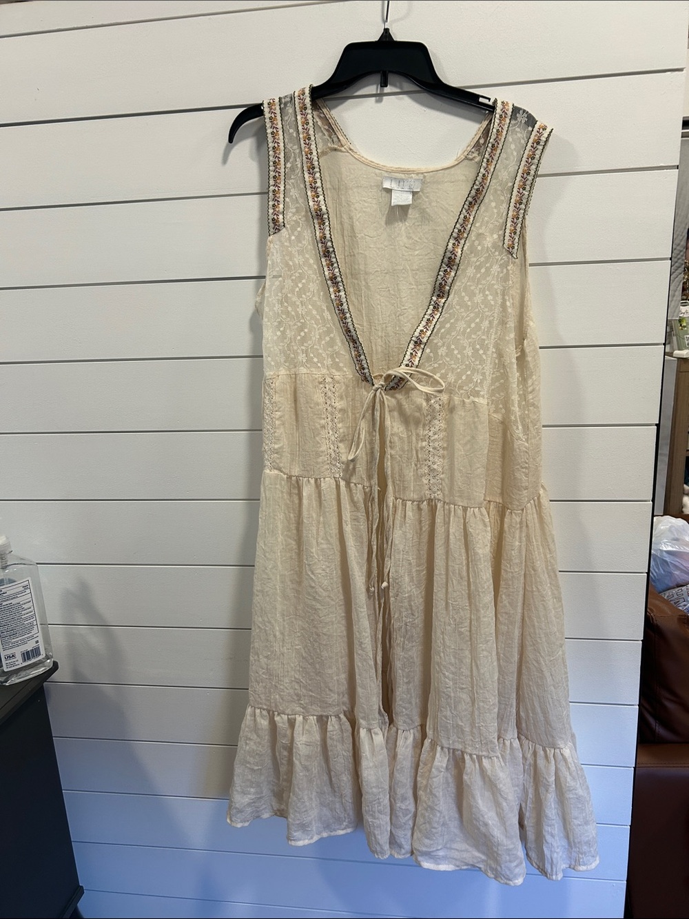 Sleeveless Beige Boho Tiered Dress with Embroidered Trim